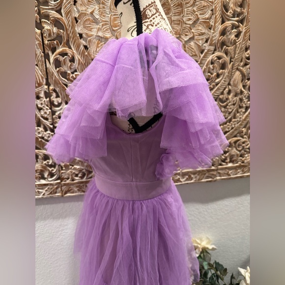 Faeriesty Plunging Neck Backless Ruffle Trim A Line Dress, Lavender- size XS - Picture 8 of 13